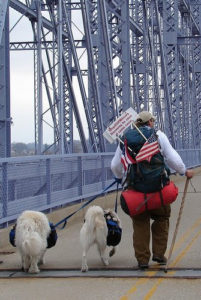 Luke, Hudson, and Murphy crossing the Purple People Bridge 