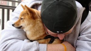 man hugging dog