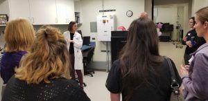 Veterinarian Meagan Sowders, a member of the local multidisciplinary oncology team for the VCA Aurora Animal Hospital, talks to visiting animal care professionals about the new Varian Halcyon Linear Accelerator that is being used to treats pets with cancer. (David Sharos / The Beacon-News)